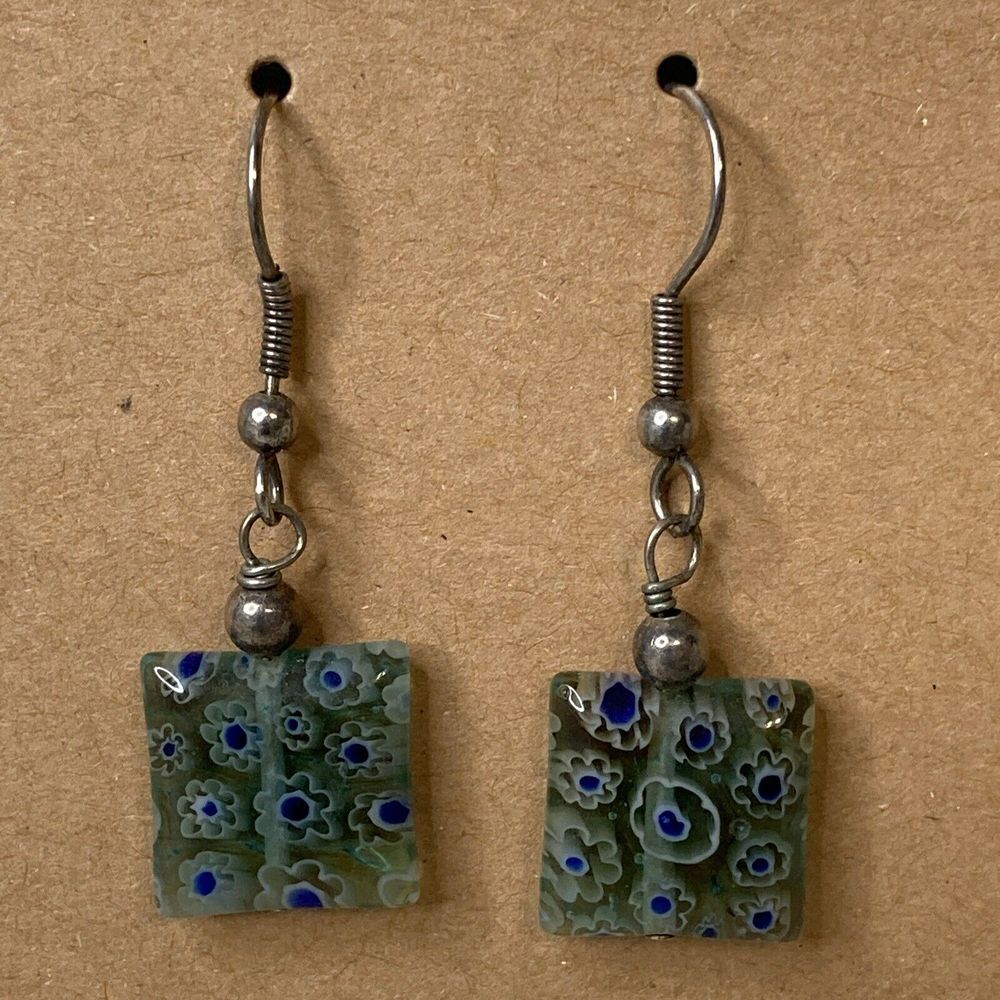 Murano‎ Glass Earrings 14mm Square Drop dangle Green Blue